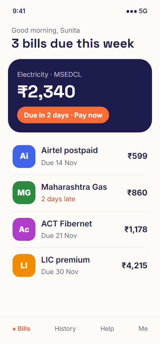Paisa's home screen: three bills due this week, the electricity bill first