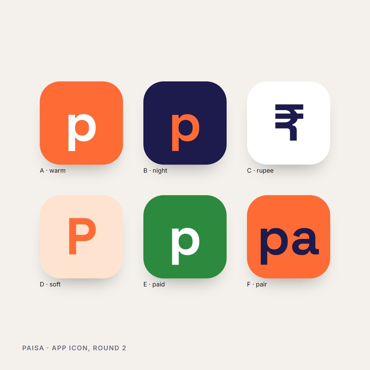 Six app icon explorations for Paisa