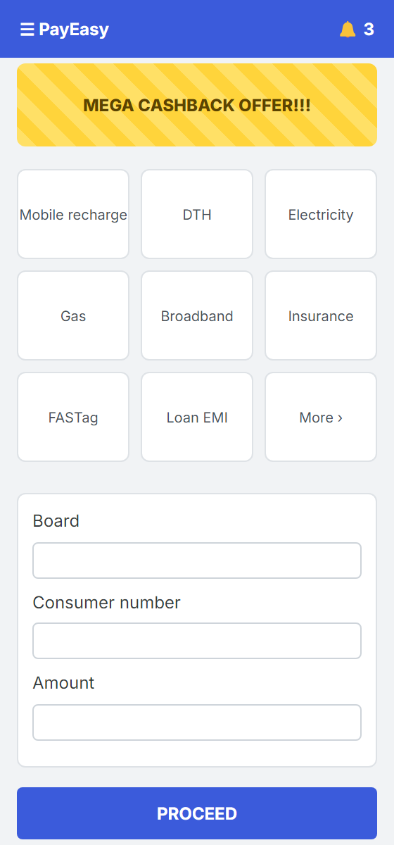The old home screen: a banner, forty tiles and an empty form
